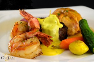 Trio Plate of Beef Center Cut Filet, Jumbo Shrimp, and Chicken En`Croute